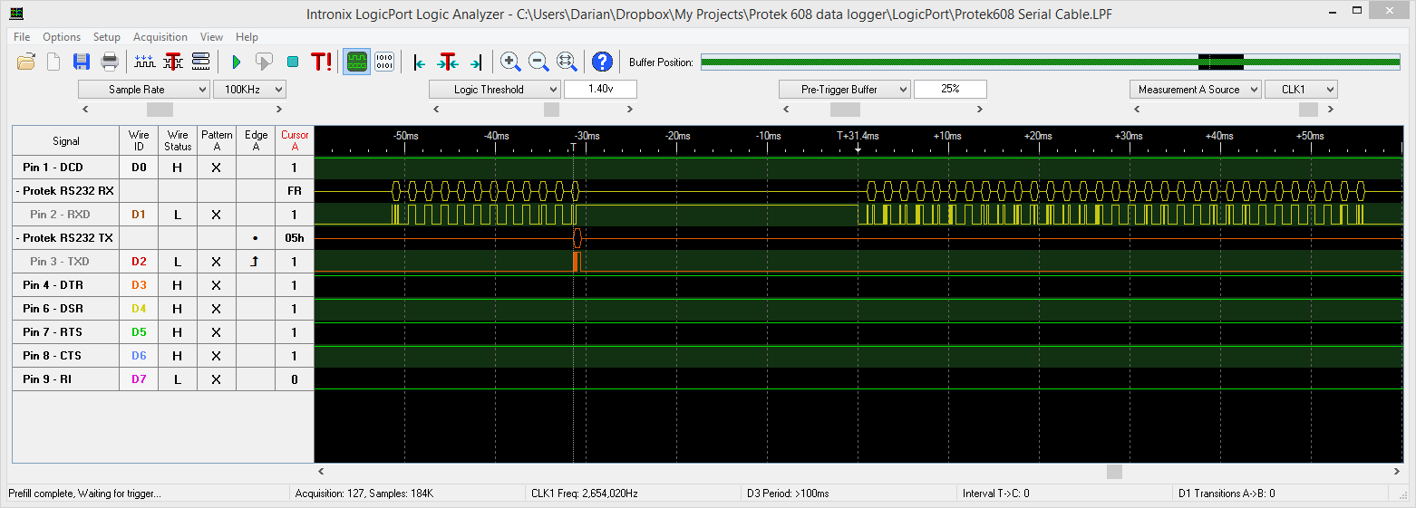 Protek 608 RS-232 TXD interrupting RXD. The packet continues after a 30ms delay.